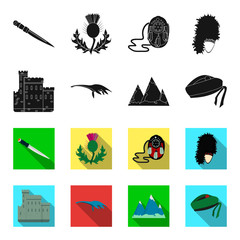 Edinburgh Castle, Loch Ness Monster, Grampian Mountains, national cap balmoral,tam shanter. Scotland set collection icons in black,flet style vector symbol stock illustration web. © pandavector