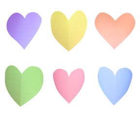 A set of multi-colored pastel paper hearts. Simple ornaments vector illustration.