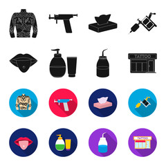 Piercing in tongue, gel, sallon. Tattoo set collection icons in black,flet style vector symbol stock illustration web. © pandavector