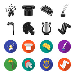 Theatrical binoculars, a helmet, a harp and a paper scroll. The theater set collection icons in black,flet style vector symbol stock illustration web. © pandavector