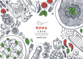Gordijnen Italian restaurant menu top view illustration. Spagetti and ravioli table background. Engraved style illustration. Hero image. Vector illustration © Maria