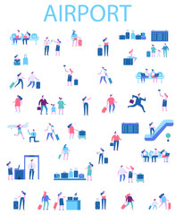 Vector set of people characters isolated on white. Men and women sitting and walking in airport terminal. Infographics elements. Flat vector illustration.