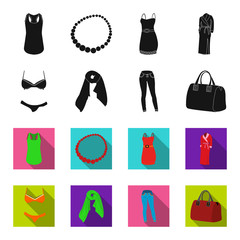 Bra with shorts, a women scarf, leggings, a bag with handles. Women clothing set collection icons in black,flet style vector symbol stock illustration web. © pandavector