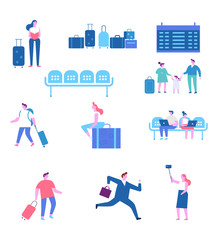 Vector set of people characters isolated on white. Men and women sitting and walking in airport terminal. Infographics elements. Flat vector illustration.