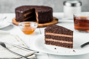 A piece of chocolate cake on a white plate on a white wooden table. Also a cup of tea, a fork, a napkin and jam.