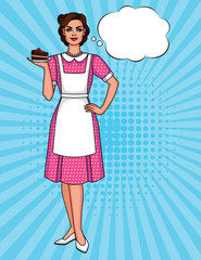 Vector colorful pop art comic style illustration of a pretty woman in apron with plate of cake. Vintage poster of a happy housewife