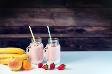 Strawberry milkshake in the glass jar