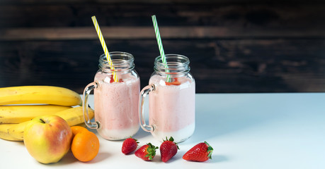 Strawberry milkshake in the glass jar