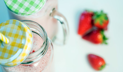 Strawberry milkshake in the glass jar