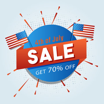 4th of July, sale sticker design with flags and 70% off offers.