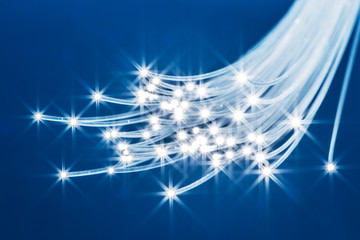 Bundle of optical fibers with lights in the ends. Blue background.