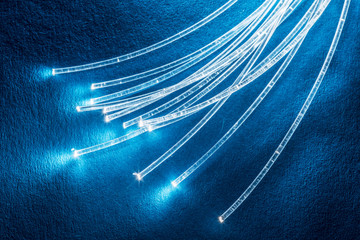 Bundle of optical fibers with lights in the ends. Blue background.