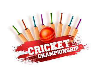 Cricket championship concept with bat and ball on colorful grungy background.