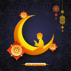 Golden crescent moon with islamic boy praying (offering namaz) with hanging lanterns on seamless background.