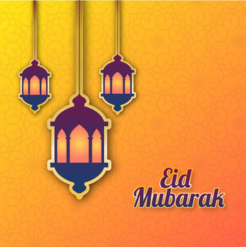 Hanging illuminating lanterns on yellow seamless background. Eid Mubarak celebration concept.