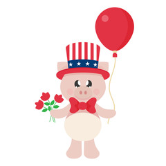 4 july cartoon cute pig in hat with flowers and balloon