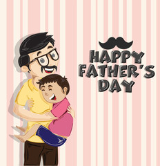 Happy Father's Day celebration concept with son hugging his father on vintage background.