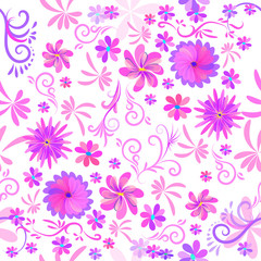 Vector seamless pattern with decorative flowers on white background. Modern coloring.