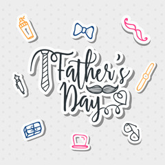 Stylish text Father's Day with men utility items doodle on grey background.