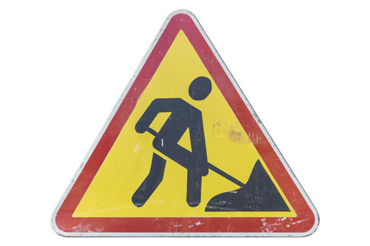 Scratched road sign 'Road works' isolated on white