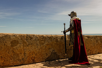 Medieval Templar soldier watches the coastline from the wall