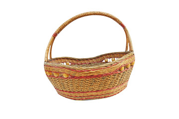 Empty brown basket made from rolled up pieces of old paper ,recycling isolated on white background