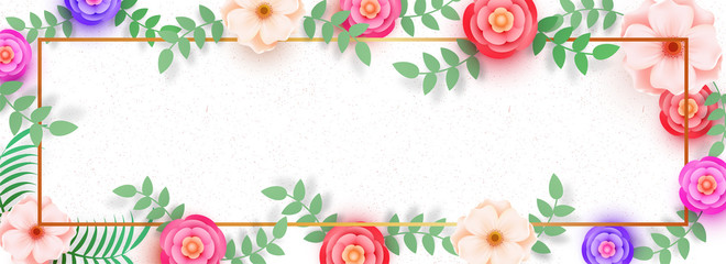 Website banner decorated with beautiful flowers on white background, space for your text.