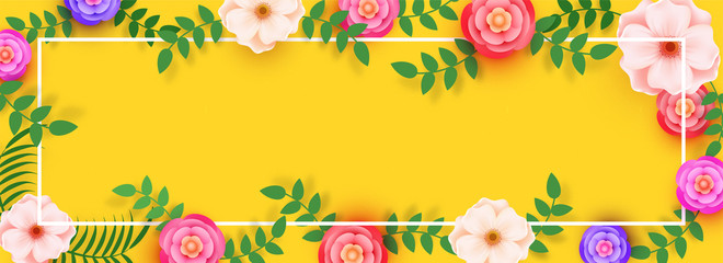 Website banner decorated with beautiful flowers on yellow background, space for your text.
