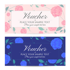 Voucher, Gift certificate, Coupon template with flowers Blue, Pink Roses and Green floral leaves pattern frame. Useful for ticket, invitation, mothers Day gift card