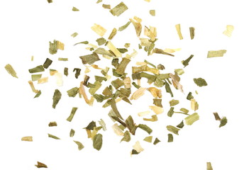 Fototapeta premium Dry leek pile isolated on white background, top view