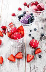 Ice cream sundae, Strawberry, raspberry and blueberry ice cream scoop. ICe cream sundae