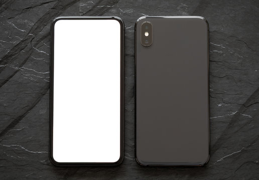 Mobile phone on black stone surface, front and back