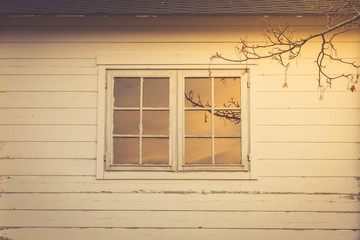 Window in a white wooden house with a branch reflecting in it.