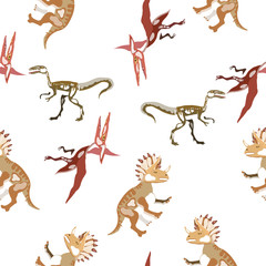 Vector seamless  pattern. Dinosaurs. T-REX,  Tyrannosaur, Velociraptor, Triceratops, Brontosaurus, Parasaurolophus, Stegosaurus, Pteranodon.