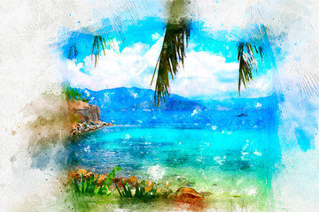 Colorful tropical beach in watercolor painting in digital painting in abstract style