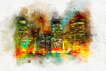 Colorful abstract night city in watercolor digital painting