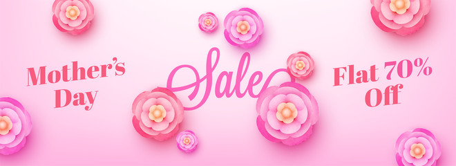 Happy Mother's Day, web banner design with beautiful flowers and flat 70% off offer.