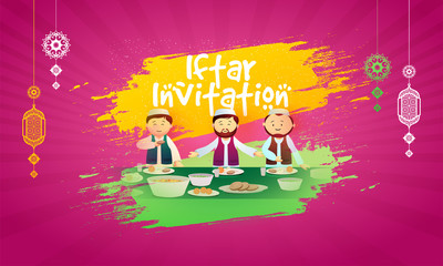 Iftar invitation card design with traditional Islamic men offering for delicious food.