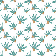 home green aloe in brown pot in doodle style, flat cartoon colors, seamless pattern isolated on white background, stock vector illustration