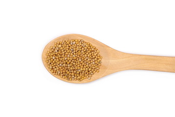 Yellow mustard seeds in wooden spoon isolated on white background, top view