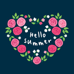 Hello summer. Heart of the pink rosesand white flowers. Vector illustration.