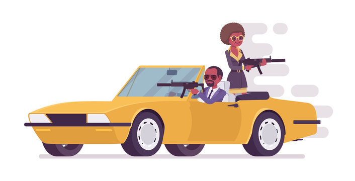 Secret agent black man and woman, spies chasing on sport car