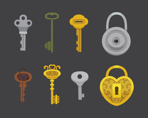 Set of vintage keys and locks. Vector illustration cartoon padlock. Secret, mystery or safe icon.
