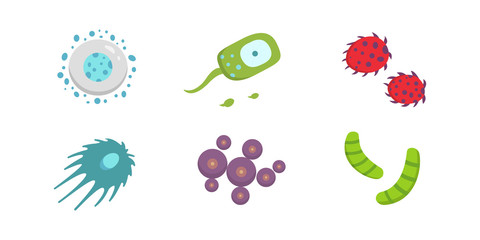 Set colorful viruses vector illustration. Bacteria and micro-organisms in cartoon style.