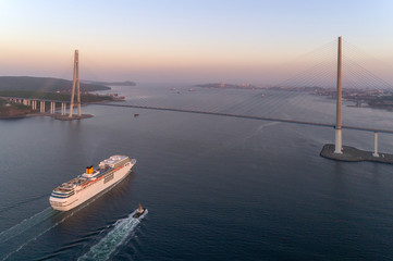 A top view of a cruise ship that passes under a large cable-stayed bridge.