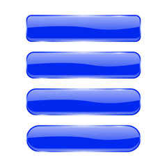 Blue glass buttons. Shiny rectangle 3d icons with reflection
