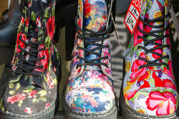 Floral boots on display at Camden market in London