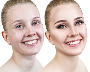Portrait of woman before and after makeup.