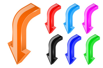 Down arrows. 3d bold shiny colored signs