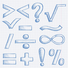 Mathematics and punctuation symbols. Hand drawn sketch on lined paper background
